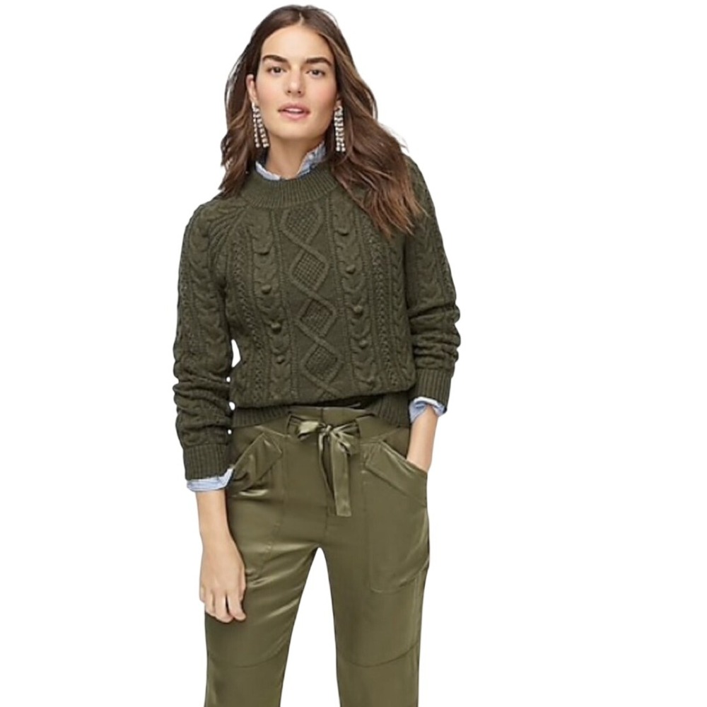 J.Crew Wool Blend Cable Knit Pom Pom Bobble Sweater Olive Green Medium AE995